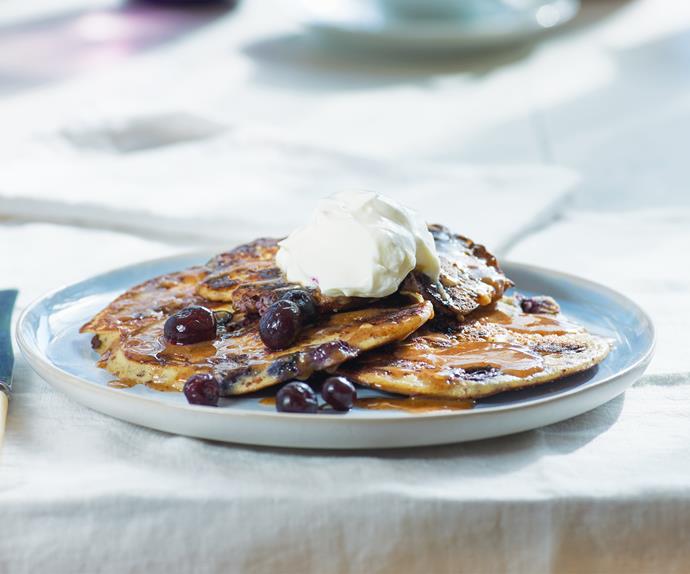 Ricotta almond pancakes with blueberries and yoghurt