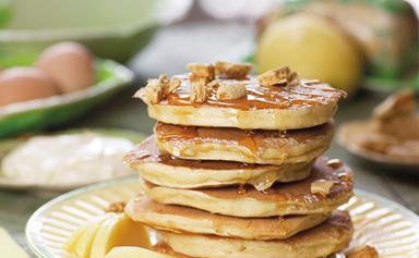 Pancake stack with manuka honey and hokey pokey