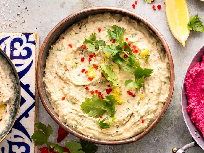 **[Coriander, lemon and chilli hummus](https://www.womensweeklyfood.com.au/recipes/coriander-lemon-and-chilli-hummus-1711|target="_blank")**

Add a whole new layer of flavour to your homemade hummus dip with the addition of zesty lemon, fresh coriander and red chilli to your recipe. It'll provide a lovely Asian-style twist, perfect for enjoying with rice crackers.