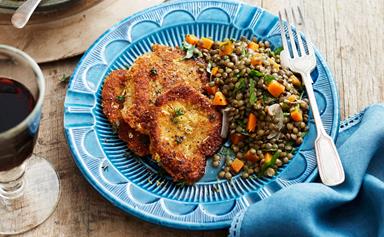 Parmesan and lemon crumbed chicken with lentil salad