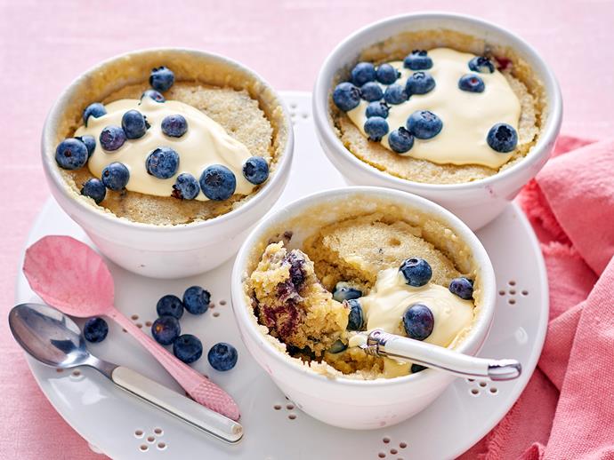 These beautiful [vanilla mug puddings](https://www.womensweeklyfood.com.au/recipes/blueberry-microwave-mug-cake-pudding-1729|target="_blank") are studded with juicy blueberries to create a super easy dessert in five minutes. Simply pop your ingredients in the microwave and let the magic happen.