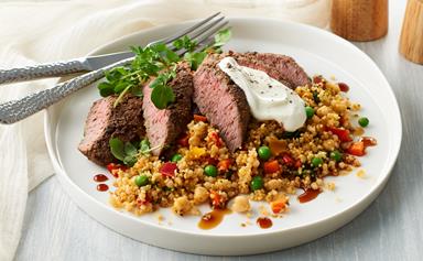 Pearl couscous with spiced lamb backstrap and pomegranate dressing