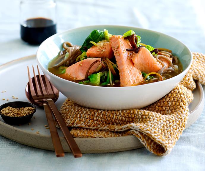 Salmon noodle soup with wild mushrooms, greens and toasted sesame