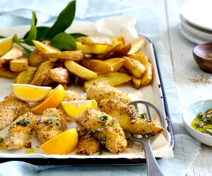 Marinated crispy fish strips with oven-baked chips
