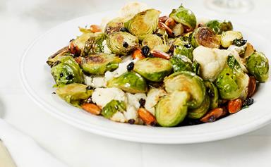 Roasted cauliflower and Brussels sprouts with balsamic syrup
