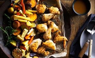 Roast tray-baked chicken with winter vegetables
