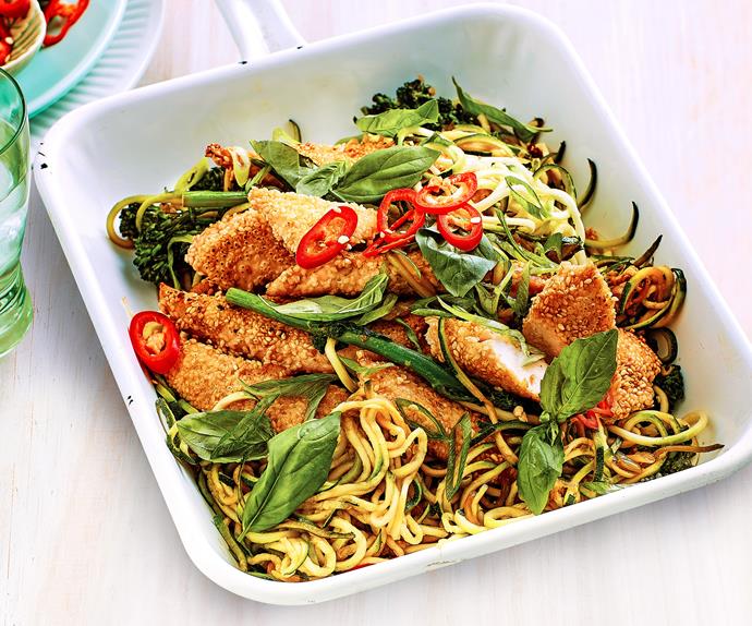 Sesame-crusted chicken breast with lemon zoodles