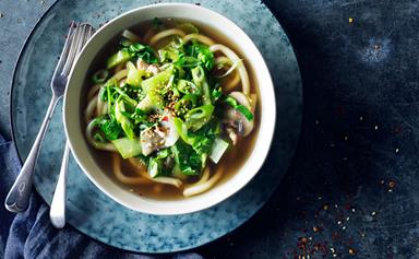 Ginger chicken and bok choy noodle soup