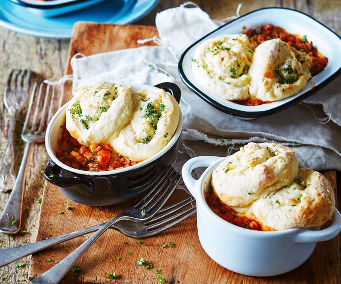 Sausage and bean casserole with parsley parmesan cobbler