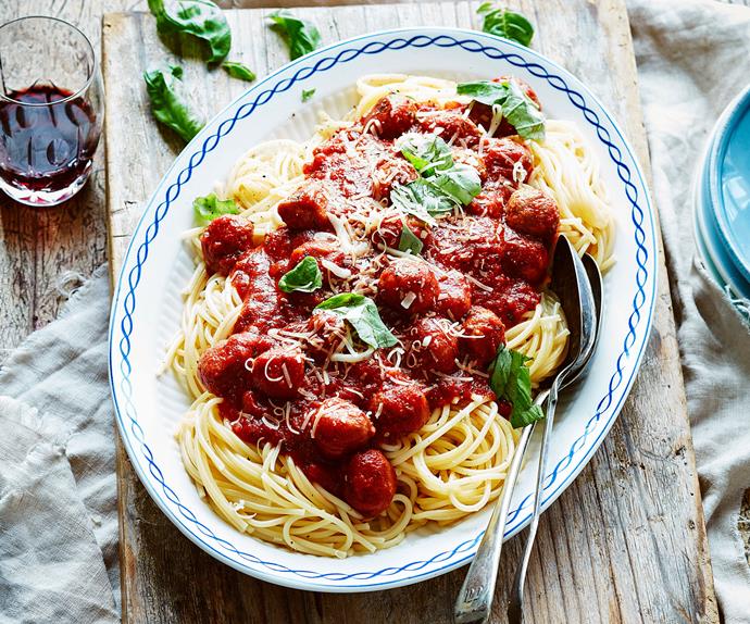Italian sausage and red wine meatballs with spaghetti