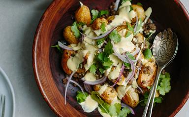 Roast potato salad with lentils and curried yoghurt dressing