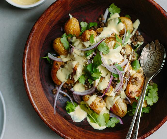 Roast potato salad with lentils and curried yoghurt dressing