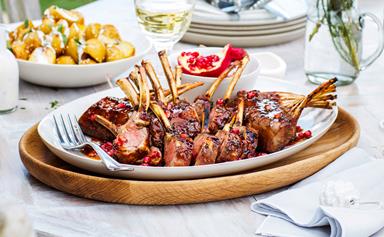 Barbecue lamb racks with pomegranate and quince glaze