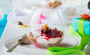 Maple baked granola with strawberry and cherry compote