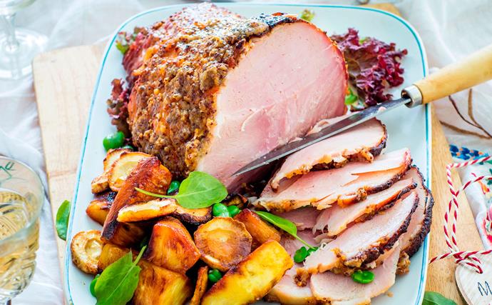 Glazed ham with caramelised pineapple and parsnips