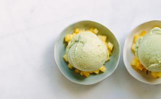 No-churn matcha frozen yoghurt with pineapple salsa