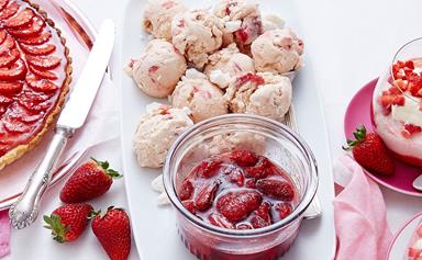 Strawberry rosewater meringue ice cream with compote