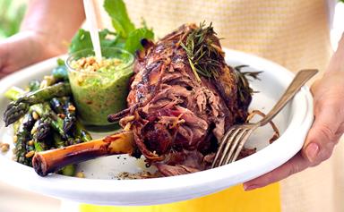 Slow-roasted lamb shoulder with minted pea pesto