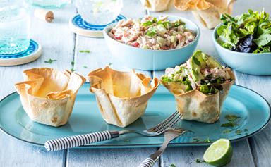 Crispy tortilla bowls with chilli chicken salad and avocado