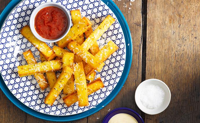Polenta chips with parmesan, mayonnaise and tomato sauce