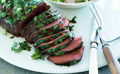 Marinated herb-rolled beef fillet