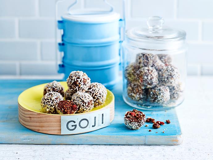 These healthy [vegan bliss balls](https://www.womensweeklyfood.com.au/recipes/raw-chocolate-and-goji-berry-bliss-balls-1977|target="_blank") get their sweetness from fresh dates and goji berries so you won't feel guilty popping one (or three) into your work lunchbox for an afternoon snack.
