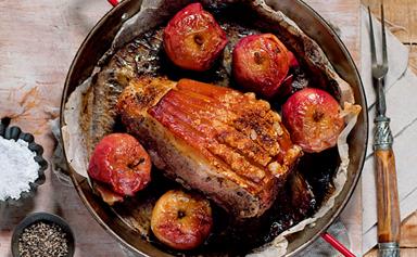 Cumin, coriander and fennel pork roast with baked apples