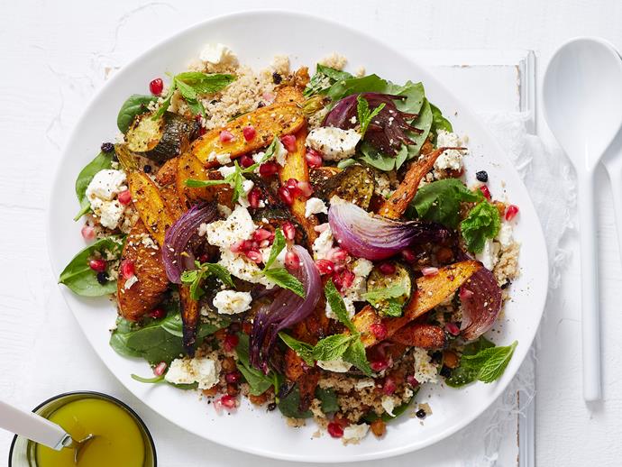 **[Moroccan spiced carrot, pumpkin and chickpea salad](https://www.womensweeklyfood.com.au/recipes/moroccan-spiced-carrot-pumpkin-and-chickpea-salad-2020|target="_blank")**

There's no wilting lettuce leaves or 'boring' diet ingredients here! With Moroccan-spiced roast veggies and couscous full of juicy currants and crumbly feta, this epic salad is perfect for a healthy dinner.