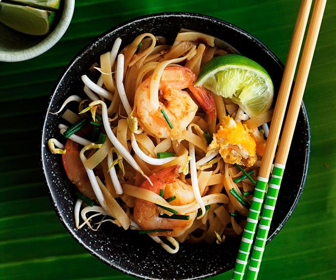 Malaysian-style rice noodles with prawns and garlic chives