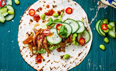Roast duck tacos with pickled cucumber and spicy barbecue sauce