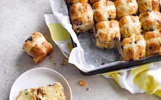 Chocolate and apricot hot cross buns