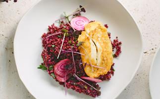 Quinoa and beetroot salad with grilled haloumi and preserved lemon