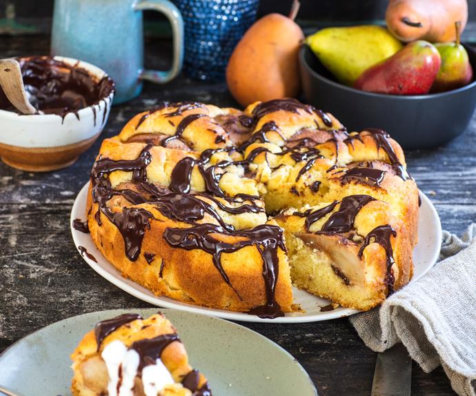 Pear and chocolate drizzle cake