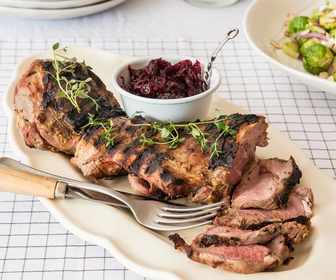BBQ’d butterflied leg of lamb with beetroot chutney