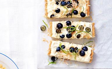 Coconut, lime and blueberry cheesecake tart