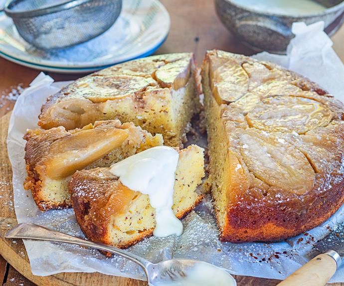 Feijoa and apple upside-down cake