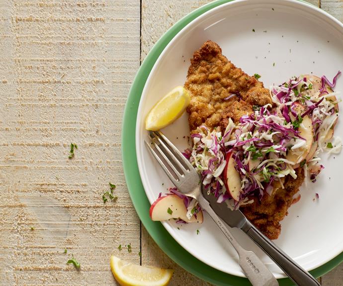 Apple and mint slaw with paprika crumbed schnitzel