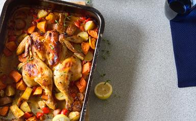 Rapid roast chicken with red skin potatoes and thyme