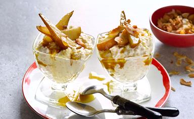 Caramelised pear and toasted coconut rice pudding