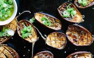 Miso-roasted eggplant with spring onion dressing