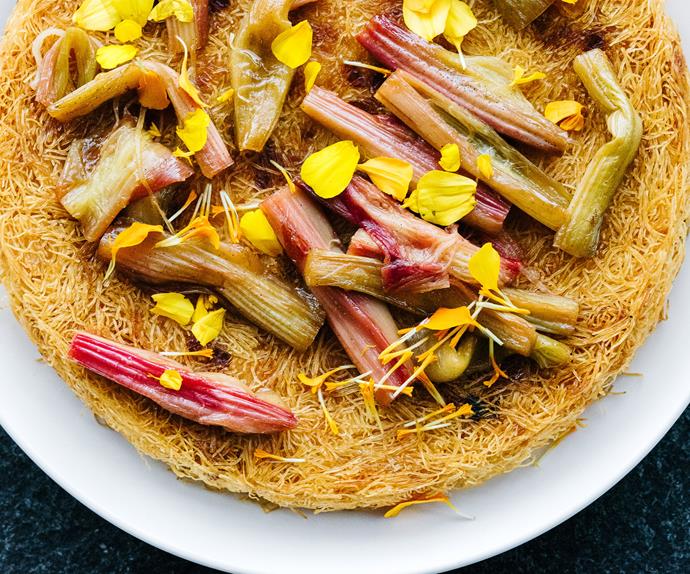 Custard baked in shredded filo with poached rhubarb