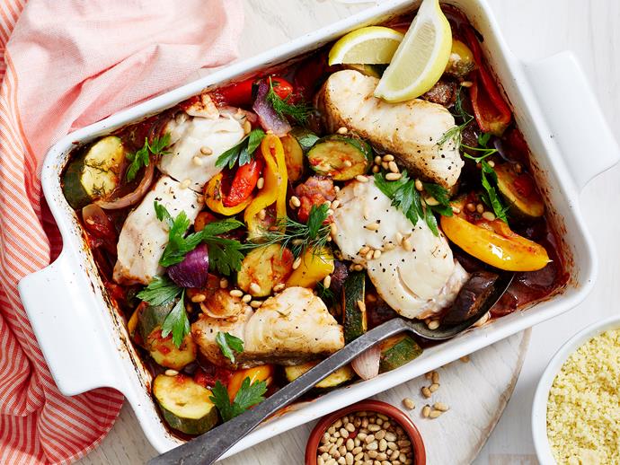 This easy [Mediterranean fish and vegetable bake](https://www.womensweeklyfood.com.au/recipes/mediterranean-fish-bake-2182|target="_blank") is a great choice for a healthy family dinner idea. And not only will it help hit your daily recommended intake of vegies, it's also diabetic-friendly too. Easy!