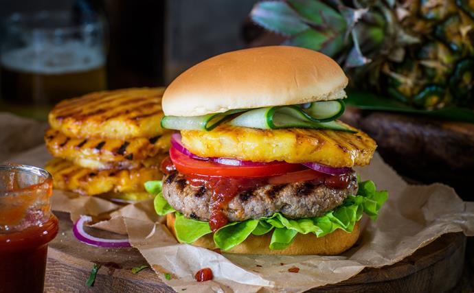 Sweet chilli beef burgers with Hoisin ketchup and chilli grilled pineapple