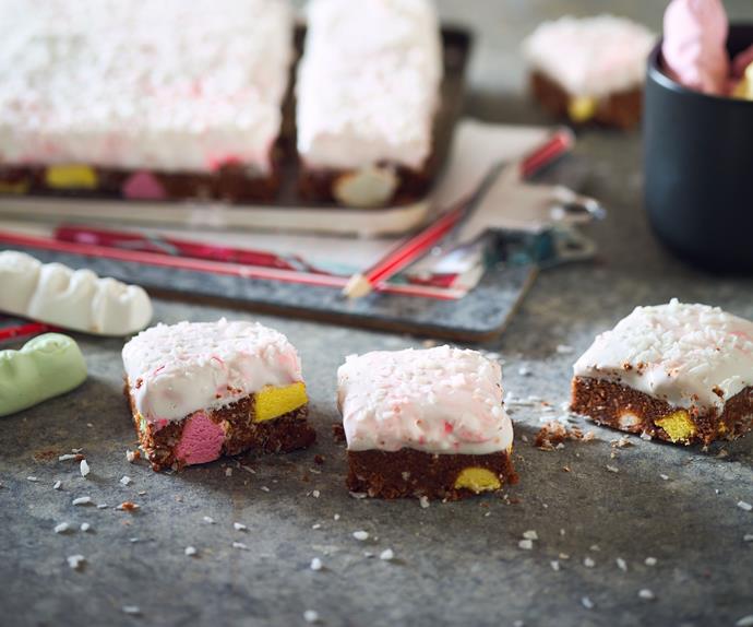 Chocolate lolly cake slice with gooey marshmallow frosting