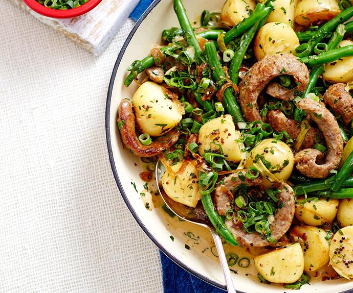 Beer-braised sausages with warm potato salad