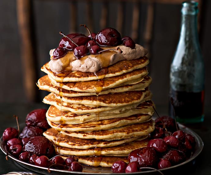 Buckwheat buttermilk pancakes with maple-soaked plums and cherries