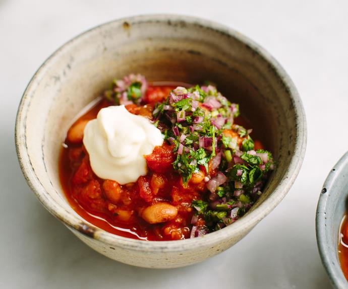 Spicy bean stew with red onion salsa