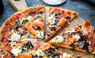 Smoked salmon, caper and red onion pizza with rocket