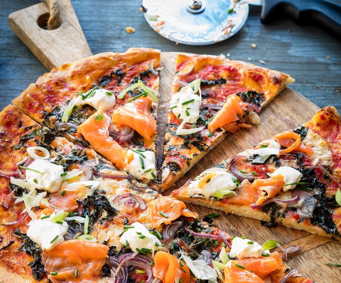 Salmon, caper and red onion pizza