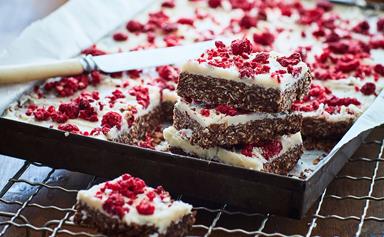 Chocolate slice with raspberry and lemon topping